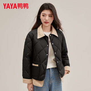 鸭鸭（YAYA）羽绒服女短款2024冬季翻领假两件时尚条纹保暖舒适外套XH 黑色 S