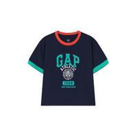 Gap 盖璞 女士2024夏季亲肤字母印花撞色短袖T恤宽松活力上衣465261 海军蓝 L