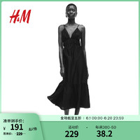 H&M女装2024夏季连衣裙气质抽绳喇叭裙摆中长吊带裙1233862 黑色 155/80