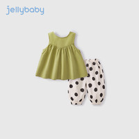 JELLYBABY女童波点套装夏季中小童纯棉夏装宝宝背心衣服夏款儿童洋气两件套 浅绿 120CM