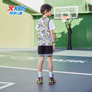 特步童装男童篮球服套装夏季儿童假两件短袖短裤两件套 珍珠白 175cm
