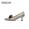 88VIP：KISSCAT 接吻猫 春季新款复古高级单鞋蝴蝶结高跟鞋方头异形跟乐福鞋女