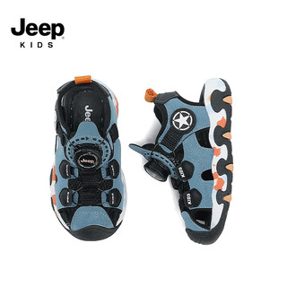 Jeep吉普宝宝包头凉鞋夏季轻便软底男童沙滩鞋2024女童防滑旋钮扣鞋子 蓝色 22码 鞋内约长14.9cm