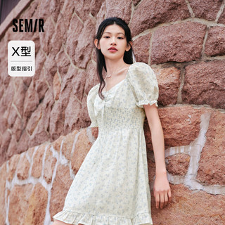 森马（Semir）连衣裙女荷叶边雪纺短裙2024夏季方领收腰肌理碎花裙浪漫 白蓝色调00318 155/80A/S