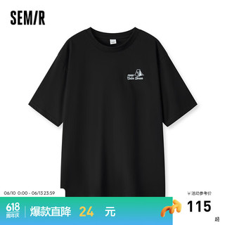 森马（Semir）短袖T恤女中长款印花复古2024夏宽松上衣小众 蓝黑色调00389 160/84A/M