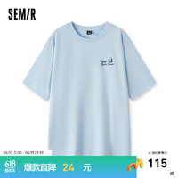 森马（Semir）短袖T恤女中长款印花复古2024夏宽松上衣小众 天空蓝81101 175/96A/XXL