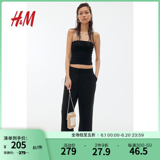 H&M女装正装裤2024夏季透气亚麻高腰前打褶直筒休闲裤1224453 黑色 155/64 XS