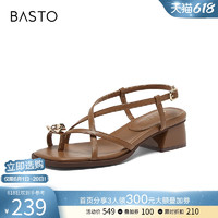 BASTO 百思图 罗马假日2024夏季商场新款时尚复古粗跟女条带凉鞋M1033BL4