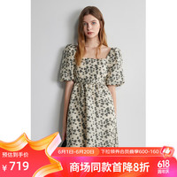 ochirly欧时力 碎花娃娃裙2024夏装方领复古显瘦泡泡袖连衣裙 浅杏 XL