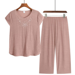 妈妈装睡衣套装春夏短袖两件套中老年人家居服夏装大码绵绸