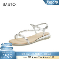 BASTO 百思图 2024夏商场新款珍珠休闲舒适坡跟一字带女平底凉鞋RWZ31BL4