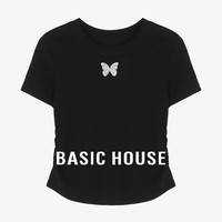百家好（Basic House）百家好Basic House/百家好夏日新款纯色休闲蝴蝶结正肩设计感短袖