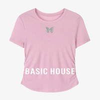 百家好（Basic House）百家好Basic House/百家好夏日纯色休闲蝴蝶结正肩设计感短袖 粉色 M