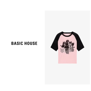 Basic House/百家好夏季时尚休闲宽松圆领印花针织衫-B0624B5Z042 粉 S90-110斤