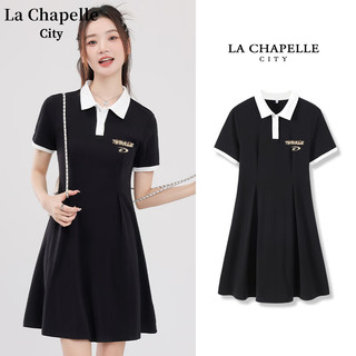 La Chapelle City100%纯棉撞色翻领POLO连衣裙女2024年夏季日常休闲简约A字裙 浅卡其-闪耀弧星K L