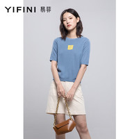 易菲（YIFINI）春短款套头五分袖印花针织衫上衣 薄雾蓝 XS
