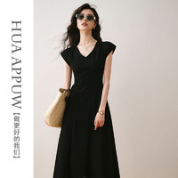 HUAAPPUW 画朴 法式v领黑色连衣裙女装2024春夏季设计感修身显瘦T恤裙