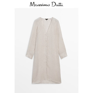 Massimo Dutti夏季2024女装潮流极简风轻薄亚麻宽松V领长款衬衫05141941 米白色 XS