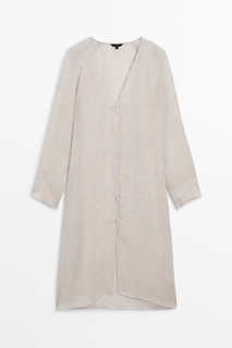 Massimo Dutti夏季2024女装潮流极简风轻薄亚麻宽松V领长款衬衫05141941 米白色 XS