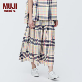 无印良品（MUJI）女式马德拉斯格纹宽摆裙长半身裙夏款裙子半裙纯棉格子裙BE1R2A4S 象牙色格纹 XL (165/74A)