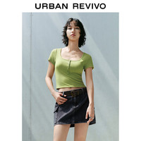 URBAN REVIVO 女士休闲简约百搭显瘦罗纹纽扣T恤 UWL440110 草绿 XL