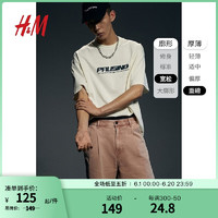 H&M男装2024夏季时尚休闲圆领宽松版印花T恤1226620 白色/Pausing 180/124