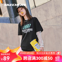 斯凯奇（Skechers）短T恤男女同款经典印花透气运动T恤圆领宽松休闲针织短袖 碳黑 L