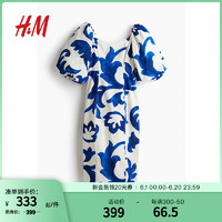 H&M女士连衣裙2024夏灯笼袖连衣裙1238363 白色/蓝色图案 165/96 M