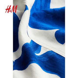 H&M女士连衣裙2024夏灯笼袖连衣裙1238363 白色/蓝色图案 170/104 L