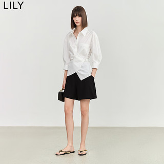 LILY2024夏女装设计感不对称腰带气质通勤修身落肩七分袖衬衫 601白色 M