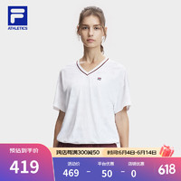 FILA 斐乐女子针织短袖衫2024夏网球运动干爽宽松V领T恤 亮白-WT 170/88A/L