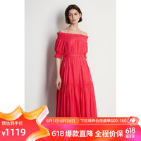 欧时力天丝雪纺一字领连衣裙2024新夏荷叶边收腰气质 红色 XL