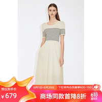 欧时力假两件短袖连衣裙2024夏装条纹伞裙法式 浅黄 S