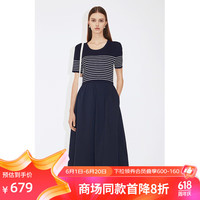 欧时力假两件短袖连衣裙2024夏装条纹伞裙法式 深蓝 S