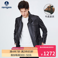 Navigare意大利小帆船真皮皮衣男春季牛皮革外套保暖防风工装服 暗夜黑 XL/52