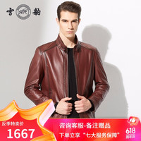 雪豹真皮皮衣男秋季海宁牛皮立领复古时尚休闲单皮男士夹克外套 红棕色 180/100A(52)