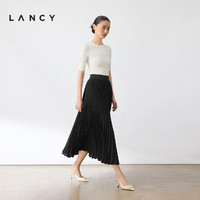 LANCY/朗姿2024夏季新款黑色气质显瘦百褶半身裙女高腰过膝半裙