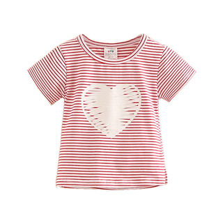 贝壳元素 宝宝条纹上衣夏装新款女童童装儿童爱心印花休闲T恤tx8378 红白条 100cm