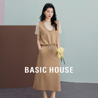 Basic House/百家好温柔淑女气质假两件上衣+半裙套装B0624B5P872 杏色 S90-100斤