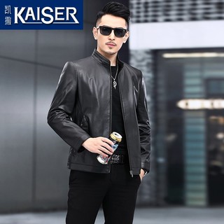 凯撒（KAISER）真皮皮衣男胎牛皮夹克男真皮立领商务休闲机车公务装干部装外套潮 黑色 175/XL(适合120-135斤)