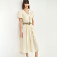 LILY 女士天丝复古浪漫泡泡袖V领连衣裙 601白色 M