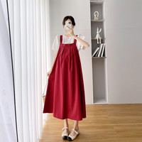 乌拓夏装套装红色装夏季宽松大码色泡泡袖打底背带连衣裙潮 红色套装 M