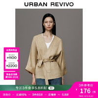 UR秋季女装时尚百搭气质绑带收腰长袖亚麻外套UWH130016 卡其 M