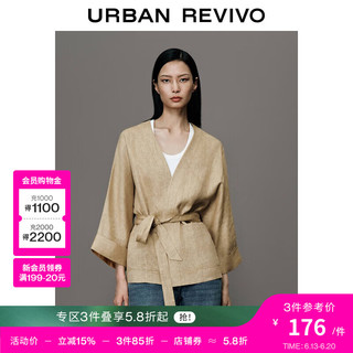 UR秋季女装时尚百搭气质绑带收腰长袖亚麻外套UWH130016 卡其 M