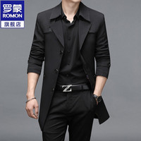 罗蒙风衣男中长款秋季商务休闲大衣男中青年帅气男士外套上衣服 黑色 185/2XL
