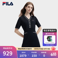 FILA 斐乐女子织连衣裙2024夏季时尚休闲V领基础收腰裙 传奇蓝-NV S 160/80A