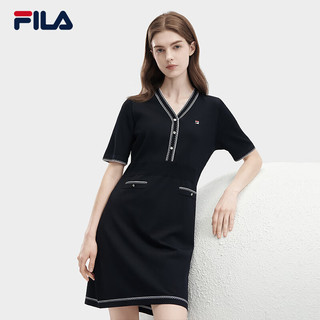 FILA 斐乐女子织连衣裙2024夏季时尚休闲V领基础收腰裙 传奇蓝-NV 3XL 185/100A