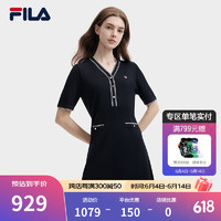 FILA 斐乐女子织连衣裙2024夏季时尚休闲V领基础收腰裙 传奇蓝-NV L 170/88A