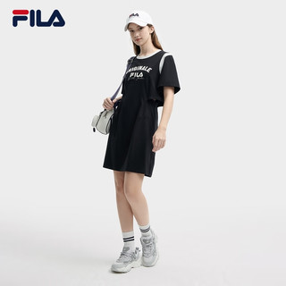 FILA 斐乐女子针织连衣裙2024夏季时尚舒适假两件收腰裙 正黑色-BK 175/92A/XL