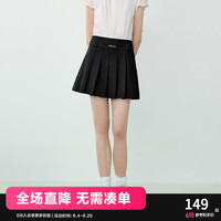 乐町学院风甜美百褶裙24年夏季新款压褶半身裙装饰腰袢黑色短裙 黑色（